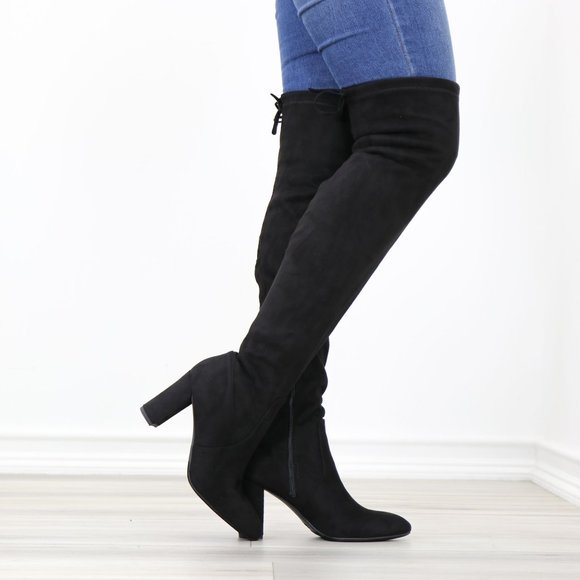 Pointy Toe Black Faux Suede Thigh High Over The Knee Block High Heel Boots